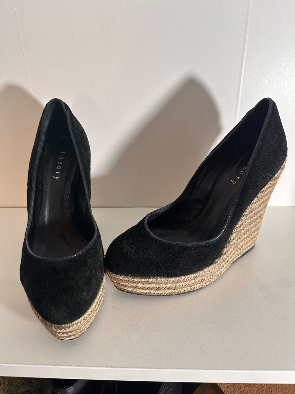 Theory Black Suede Espadrille Wedge Pumps with Jute Platform